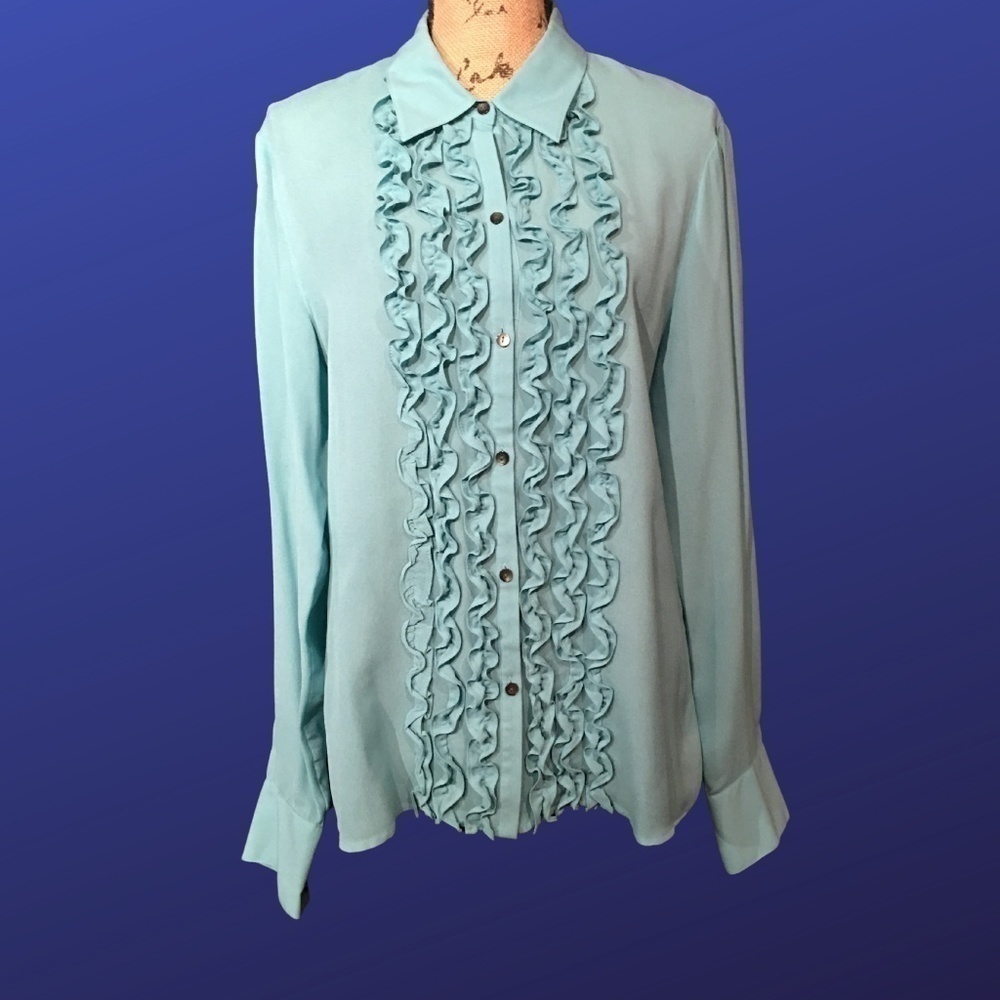 LIZ CLAIBORNE 100% Silk RUFFLE FRONT Blouse, AQUA, NWOT, Size 14